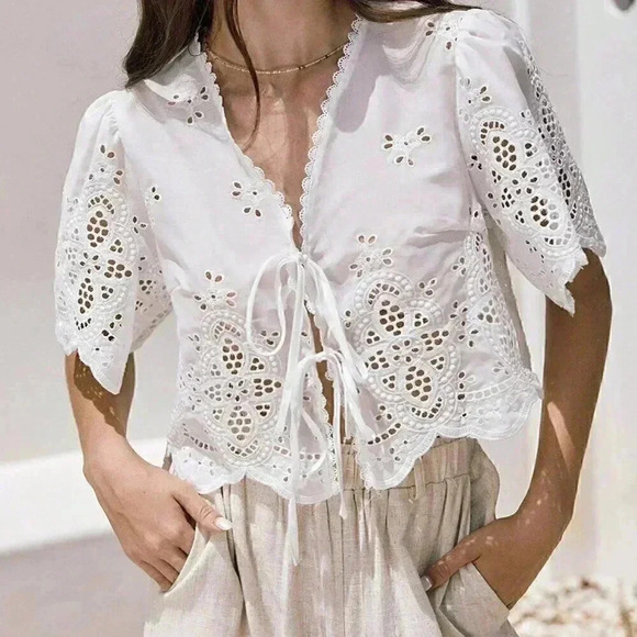 White Boho Women's Summer Ruffle Sleeve Embroidery Fabric Lace Up Short Top - Picture 4 of 6